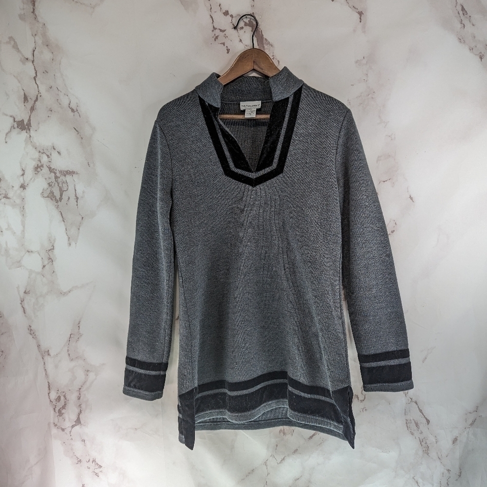 Soft Surroundings Sweater Womens Medium Gray Wool Velvet Mock Tunic Roman V Neck